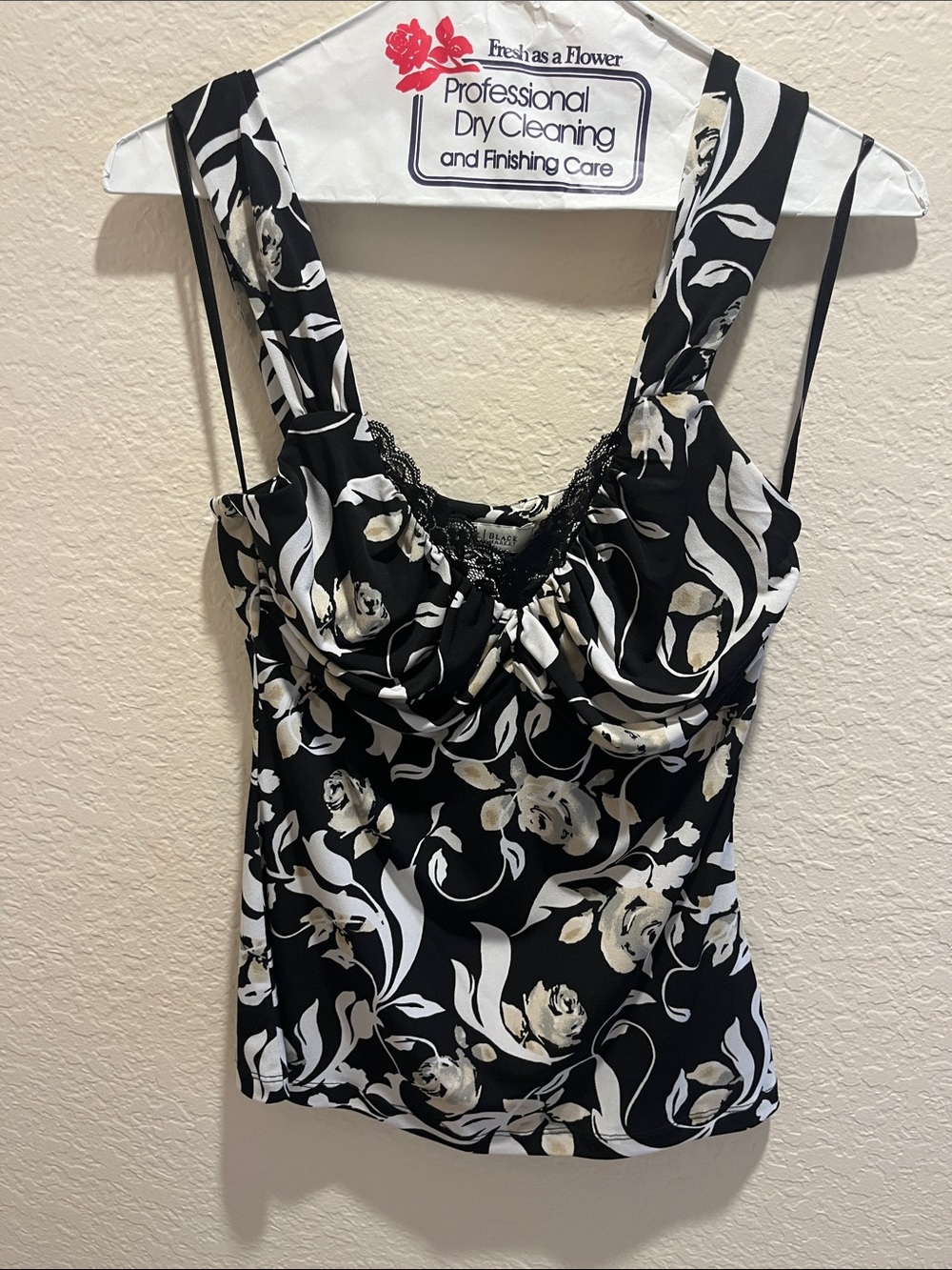 White House Black Market Black and Ivory Floral Lace-Trim Camisole
